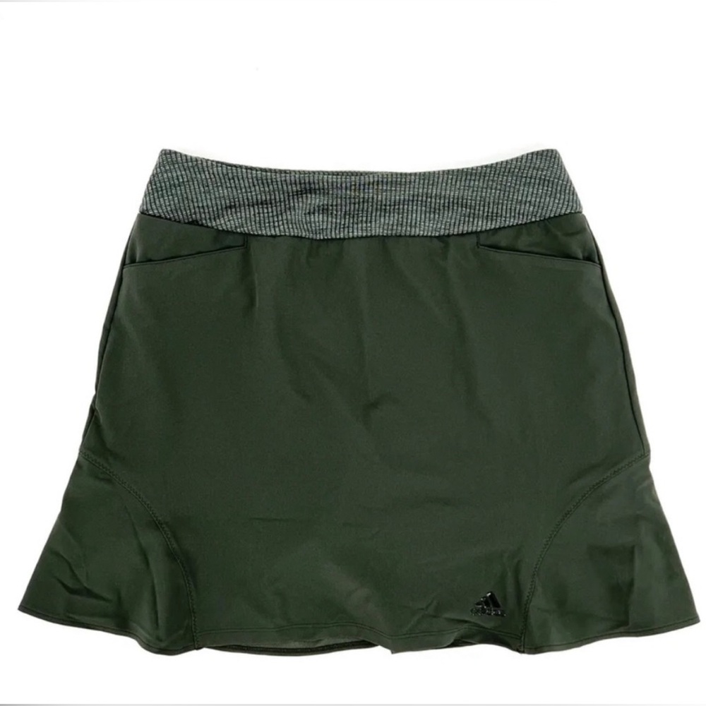 Adidas Size Medium Long Golf Skirt Lined Skort Olive Green Tech Flounce Hem NEW